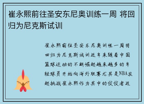 崔永熙前往圣安东尼奥训练一周 将回归为尼克斯试训